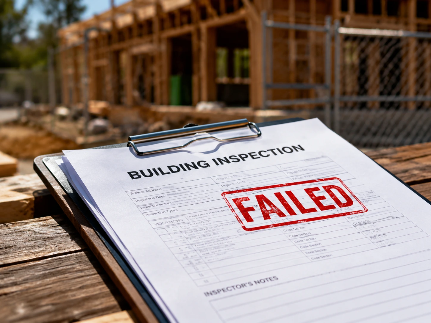 Building inspection form stamped "FAILED" with a construction site in the background.
