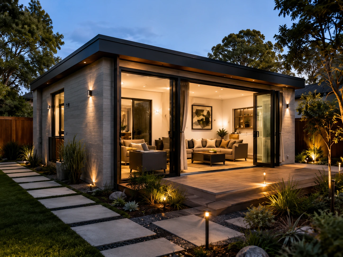 Modern one-story house with large glass doors, outdoor patio, and landscaped yard, illuminated by garden lights at dusk.
